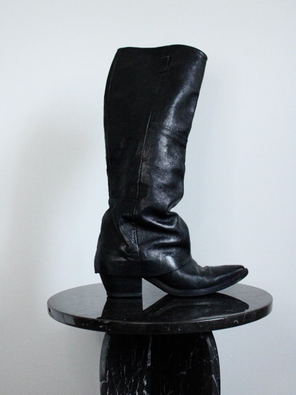 A.S.98 Buckle Eyelet Boots Womens 6 Black Leather Knee High Pointed Toe